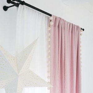 Pom pom curtains, Linen window curtains with pompoms, Dusty rose linen Pompom curtains, Blackout window curtains