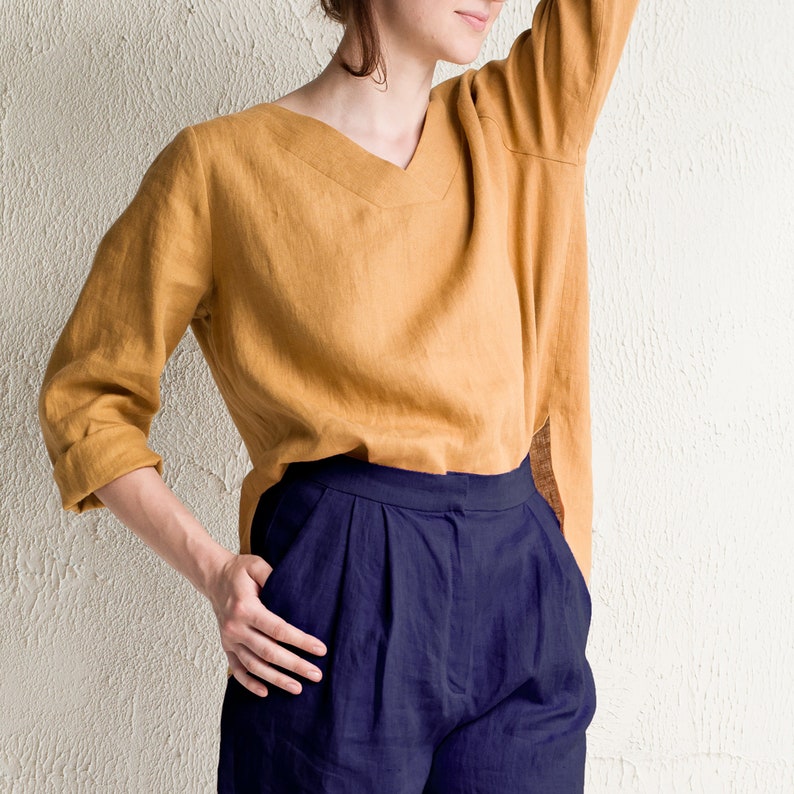 Linen blouse V neck, Long sleeve linen top in various colors, Natural women's clothing image 1
