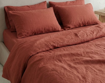 Funda nórdica de lino naranja quemado, ropa de cama de lino natural, edredones personalizados tamaño queen y king.