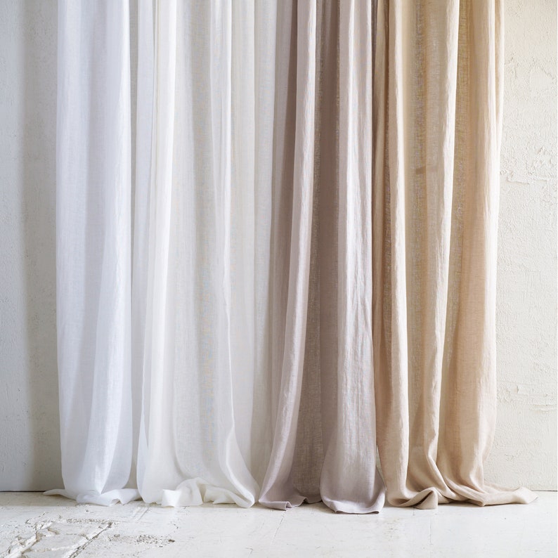 Linen window curtain panels, Sheer curtains for living room or bedroom, Lightweight natural linen drapes with pleated heading tape and hooks image 7