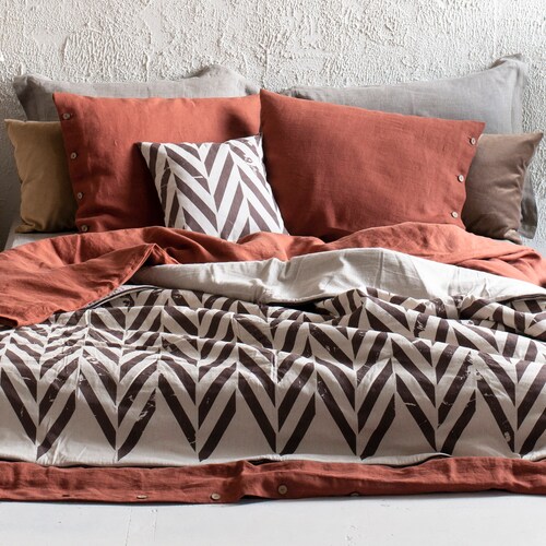 Printed linen blanket, Natural throw blanket or linen bedspread King Queen Double Twin shops Single size