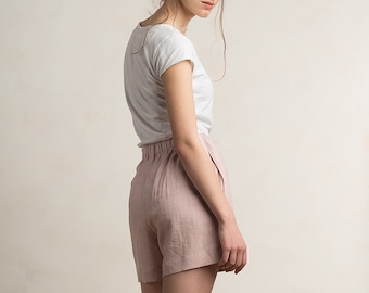 Handmade linen shorts with elastic waist, Summer shorts with pockets, Casual womens clothing