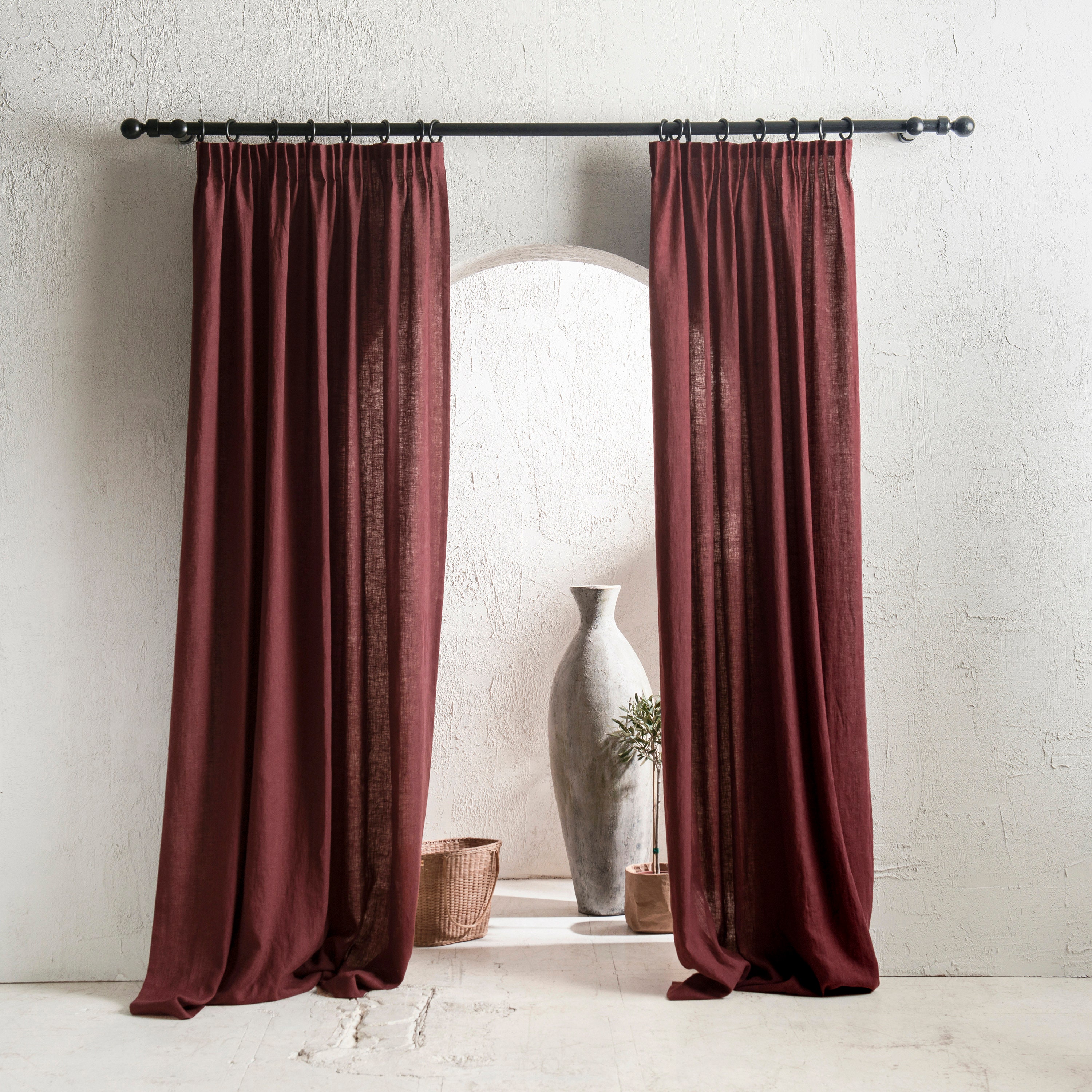 Pleated linen curtains in various colors, Pencil pleat window curtains, Blackout curtains, Privacy curtain panels, Unlined window drapes