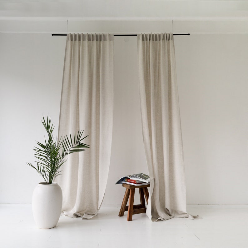 Natural linen curtains with back tabs, Back tab top blackout curtains bedroom, Linen window curtains for living room, Custom linen drapes image 2