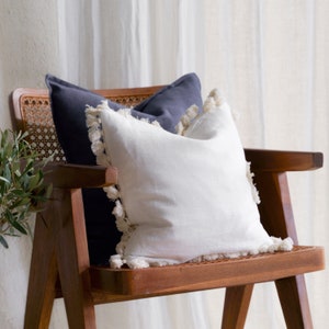 Linen throw pillow cover with tassels, pompoms or brush fringe, Linen tassel pillow, Fringe cushion covers, Pom pom pillow