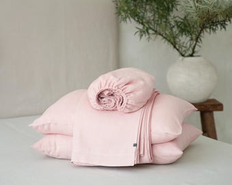 Dusty Rose linnen lakenset, linnen beddengoedsets, lakens en hoeslakens met kussenslopen