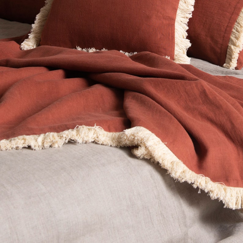 Fringe Linen Throw Blanket Brush Fringe Throw Blanket Burnt Etsy