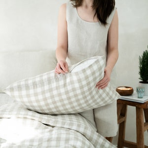 Linen pillowcase Gingham, Checkered linen bedding, 1 natural gingham pillow case King, Euro, Standard, Body, Queen pillow cover with zipper image 2