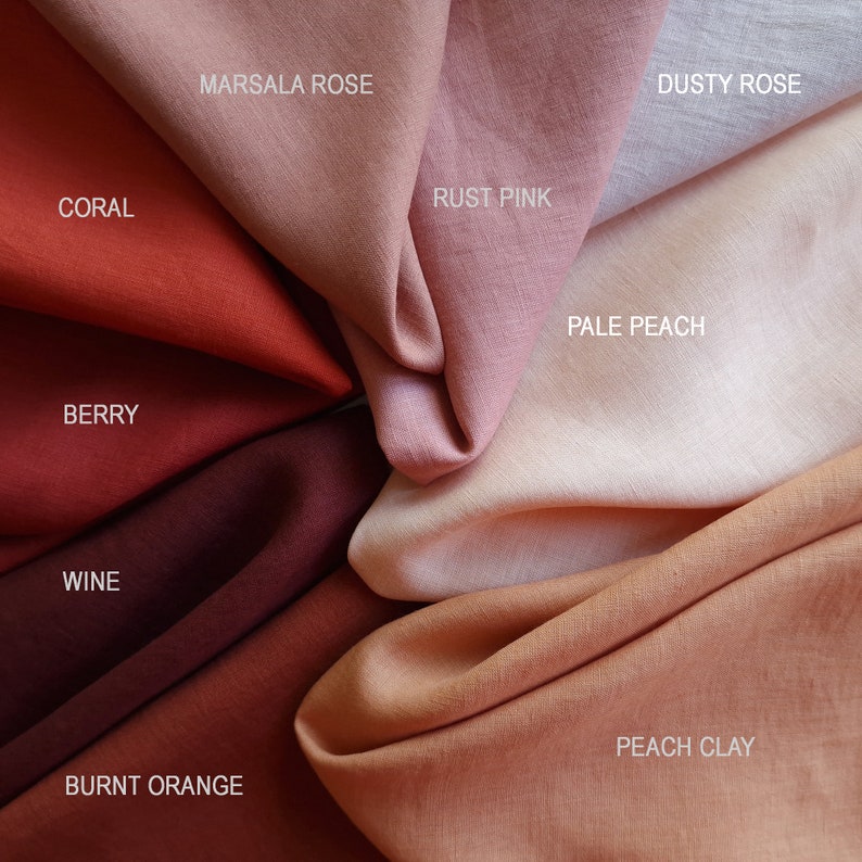 May include: A collection of fabric swatches in various shades of red, orange, and pink. The swatches are labeled with names like "Coral", "Berry", "Wine", "Marsala Rose", "Rust Pink", "Dusty Rose", "Pale Peach", "Peach Clay", and "Burnt Orange".