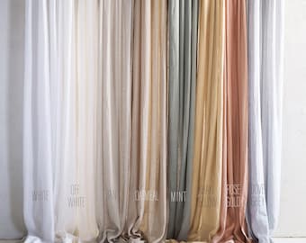 Linen window curtains, 8 colors, Sheer linen curtain panels with non-pleated tape for rings, 1 curtain panel