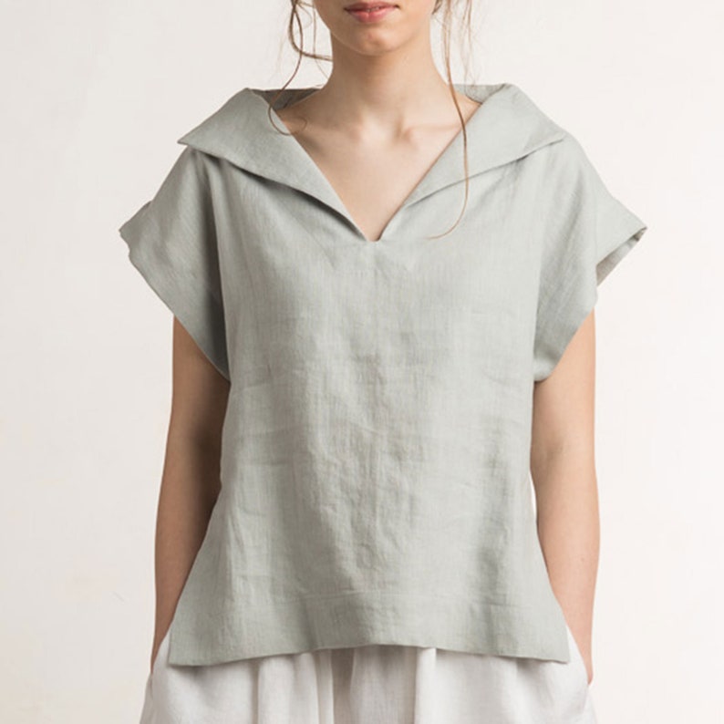 Grey Blouse Women Linen Summer Blouse Light Grey Linen Top Etsy