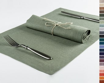 Linen table napkins and placemats, Natural cloth napkin and placemat set, Deep hems, Mitered corners