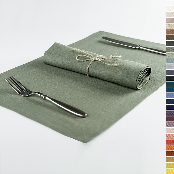 Linen table napkins and placemats, Natural cloth napkin and placemat set, Deep hems, Mitered corners