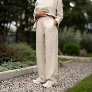 Casual women&#39;s pants in various colors, Linen pants for women, Casual linen trousers, Elastic waist pants with pockets, Minimalist clothing