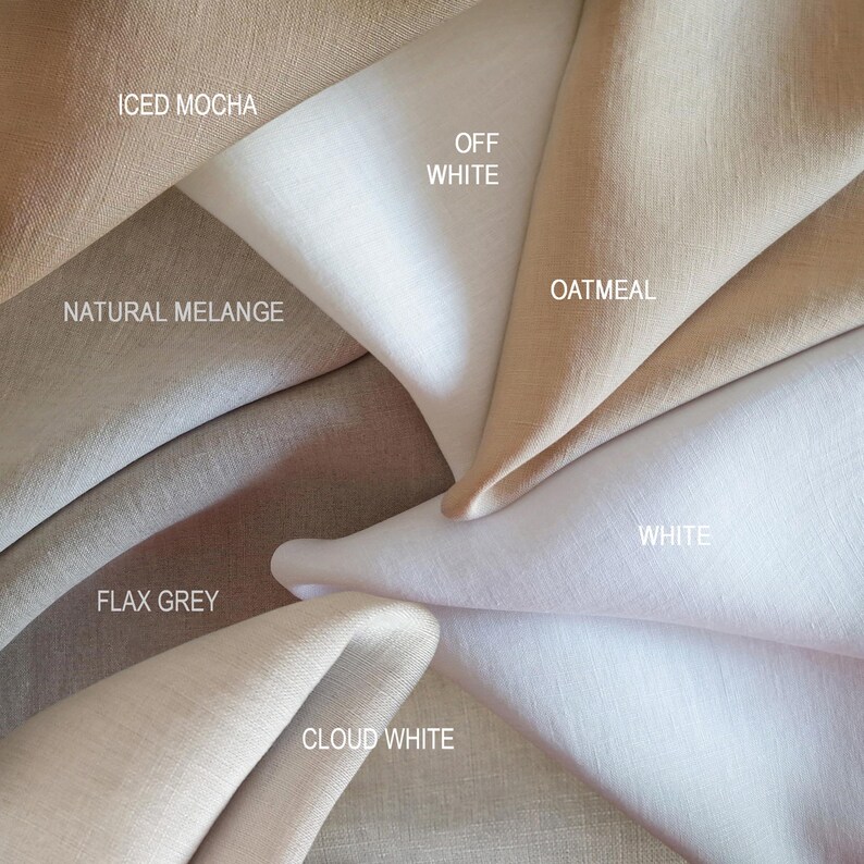 May include: A collection of folded fabric swatches in various neutral colors, including "Iced Mocha," "Off White," "Oatmeal," "White," "Cloud White," "Flax Grey," and "Natural Melange." Each swatch is labeled with its respective color name.