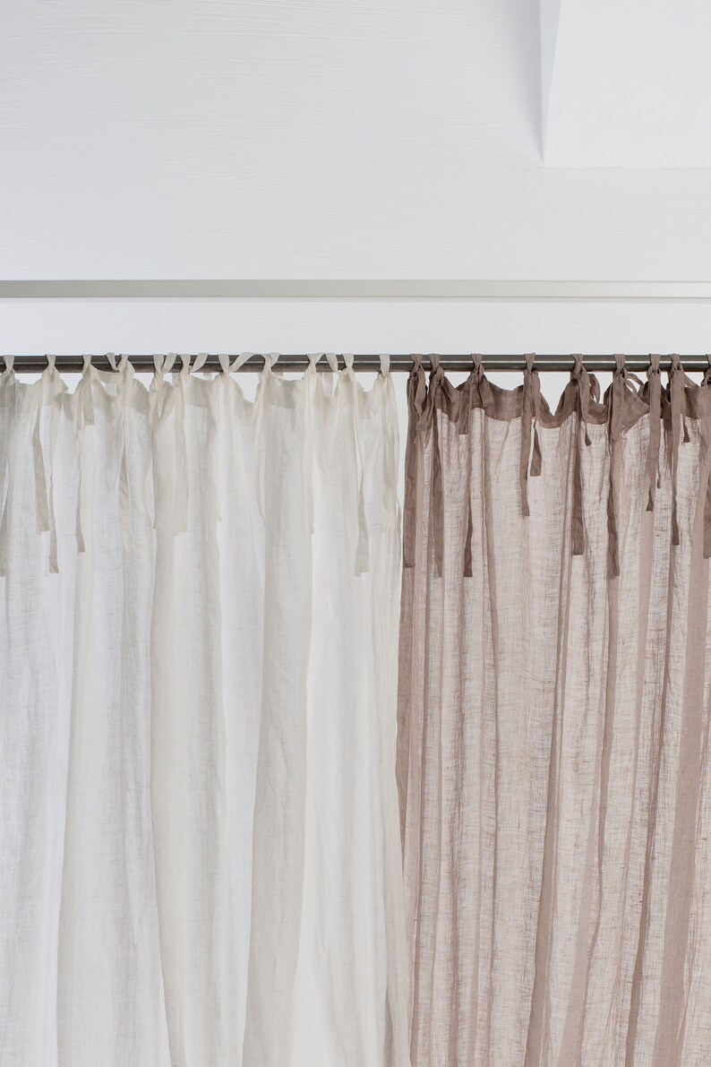 Sheer curtains with ties Off white linen drapes Tie top Etsy