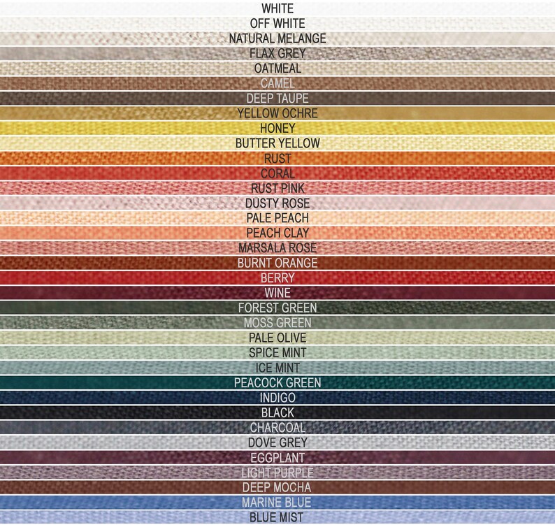 May include: A color chart with 30 fabric swatches, each labeled with a color name. The colors range from white to blue mist.