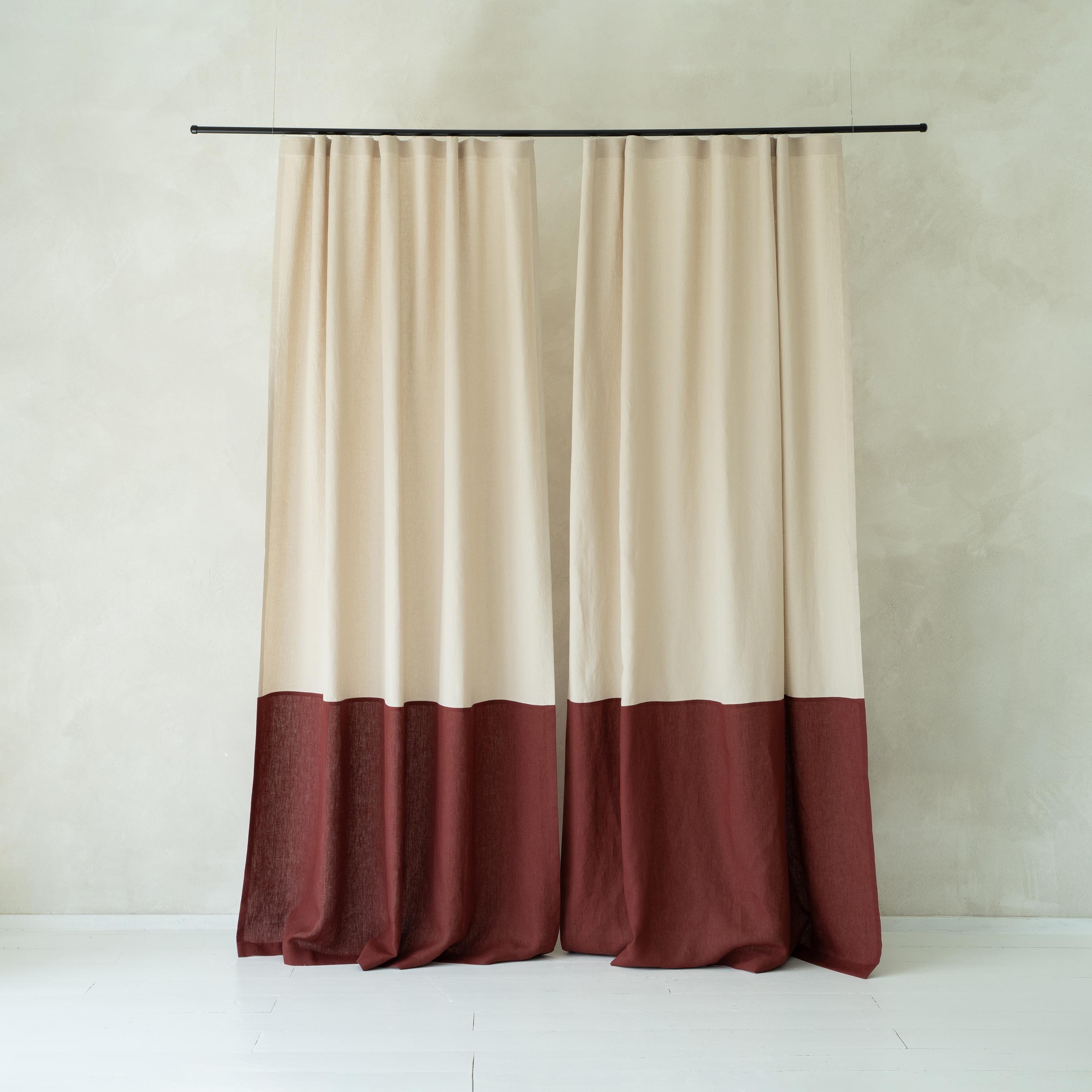 Linen Window Curtains Color Block, Natural Curtain Panel With Tape for ...