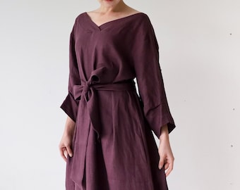 Long linen dress with pockets and belt, Linen maxi dress in various colors, V back dresses, Natural linen womens clothing