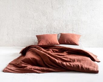 Burnt Orange linen duvet cover, Natural linen bedding