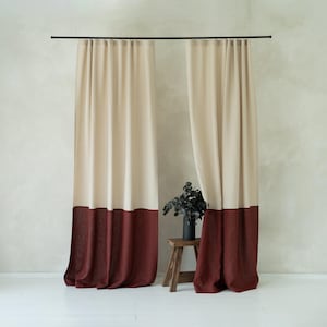 Linen window curtains Color Block, Natural linen curtain panel with tape for rings, Unlined, Blackout or Privacy curtains, Window treatments