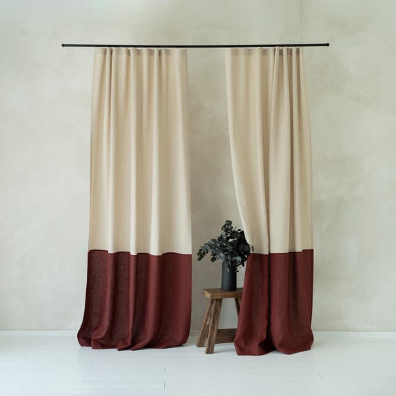 Linen Window Curtains Color Block, Natural Curtain Panel with Tape for rings, Unlined, Blackout or Privacy Drapes, Window Treatments