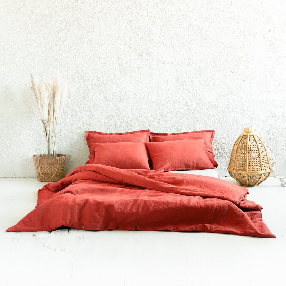 Coral Linen Duvet Cover Queen, Full, Twin, King, Custom Size Duvet Covers With Coconut Buttons