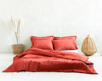 Coral linen duvet cover Queen, Full, Twin, King, Custom size duvet covers with coconut buttons