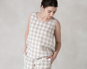 Linen gingham top, Solid color or checkered linen tank top for women, Sleeveless linen crop tops, Natural women's clothing