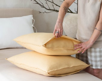 Linen pillowcase Butter Yellow, 1pc., Natural linen pillow cover with flange Standard, King, Queen, Deco pillow shams, 100% linen bedding