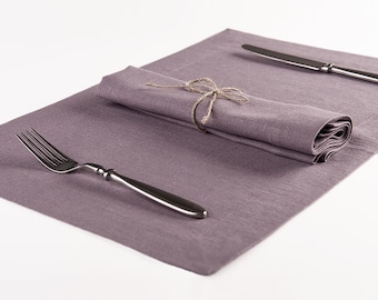 Linen placemat napkin set in various colors, Linen table napkins and fabric placemats, Purple cloth napkin set for table decor