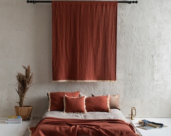 Linen window curtains with fringe, Rod pocket curtains, Unlined or Blackout curtain panels, 1 linen curtain panel