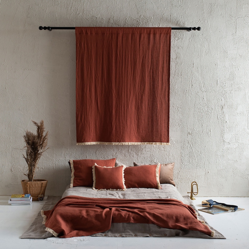 Linen window curtains with fringe, Rod pocket curtains, Unlined or Blackout curtain panels, 1 linen curtain panel image 1