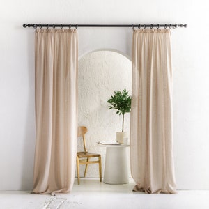 Linen window curtain panels, Sheer curtains for living room or bedroom, Lightweight natural linen drapes with pleated heading tape and hooks image 1
