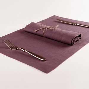 Linen napkin placemat set in Eggplant, Natural linen fabric placemats, Soft linen cloth napkins for table decor, Table settings