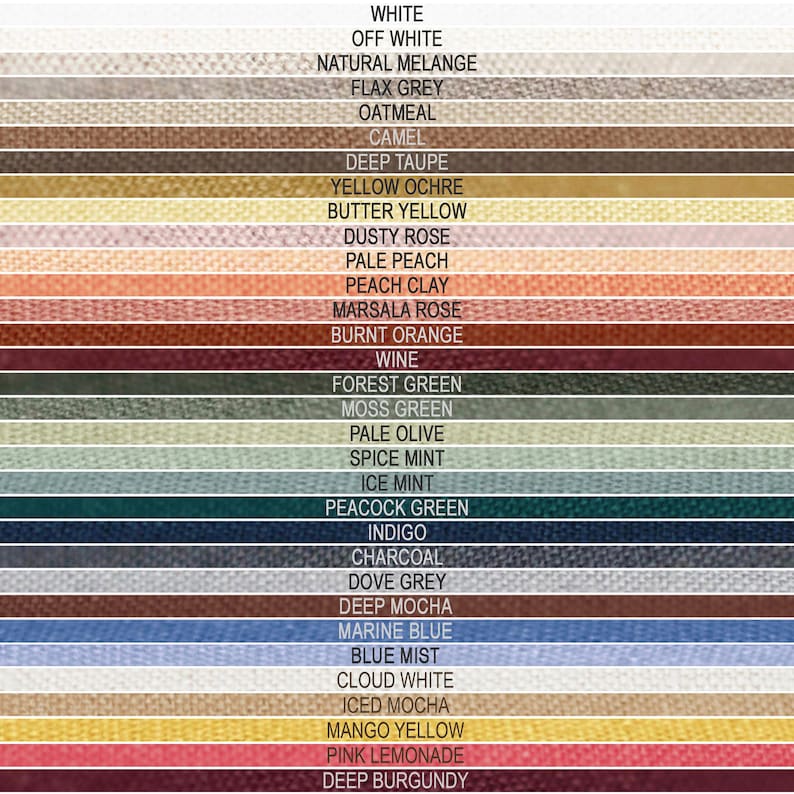May include: A color chart featuring a variety of fabric swatches. The swatches display a range of colors, including white, off-white, grey, beige, brown, yellow, pink, orange, red, green, blue, and purple. Each swatch is labeled with its corresponding color name.