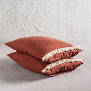 Linen pillowcase with fringe and envelope closure, Burnt orange linen pillowcase Standard, King, Queen, Terracotta linen bedding with fringe image 1