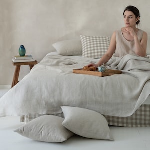 Linen pillowcase Gingham, Checkered linen bedding, 1 natural gingham pillow case King, Euro, Standard, Body, Queen pillow cover with zipper image 8