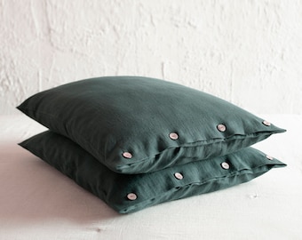 Forest green linen pillowcase with coconut buttons, Natural linen bedding, Includes 1 pillowcase