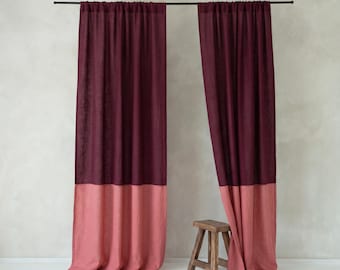 Custom Curtains Color Block, Linen Drapes, Rod Pocket Curtain, Size Small to Extra Large