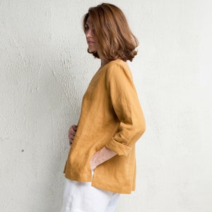 Linen blouse V neck, Long sleeve linen top in various colors, Natural women's clothing image 4
