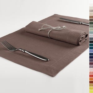 Linen fabric placemats and napkins, Washable natural cloth napkin and placemat set, Deep taupe linens for modern table decor