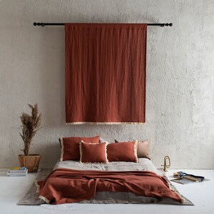 Linen pillowcase with fringe and envelope closure, Burnt orange linen pillowcase Standard, King, Queen, Terracotta linen bedding with fringe image 8