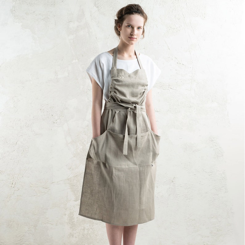 Natural linen apron in various colors, Long linen apron, Full aprons for women, Gift for cook and kitchen enthusiast image 4