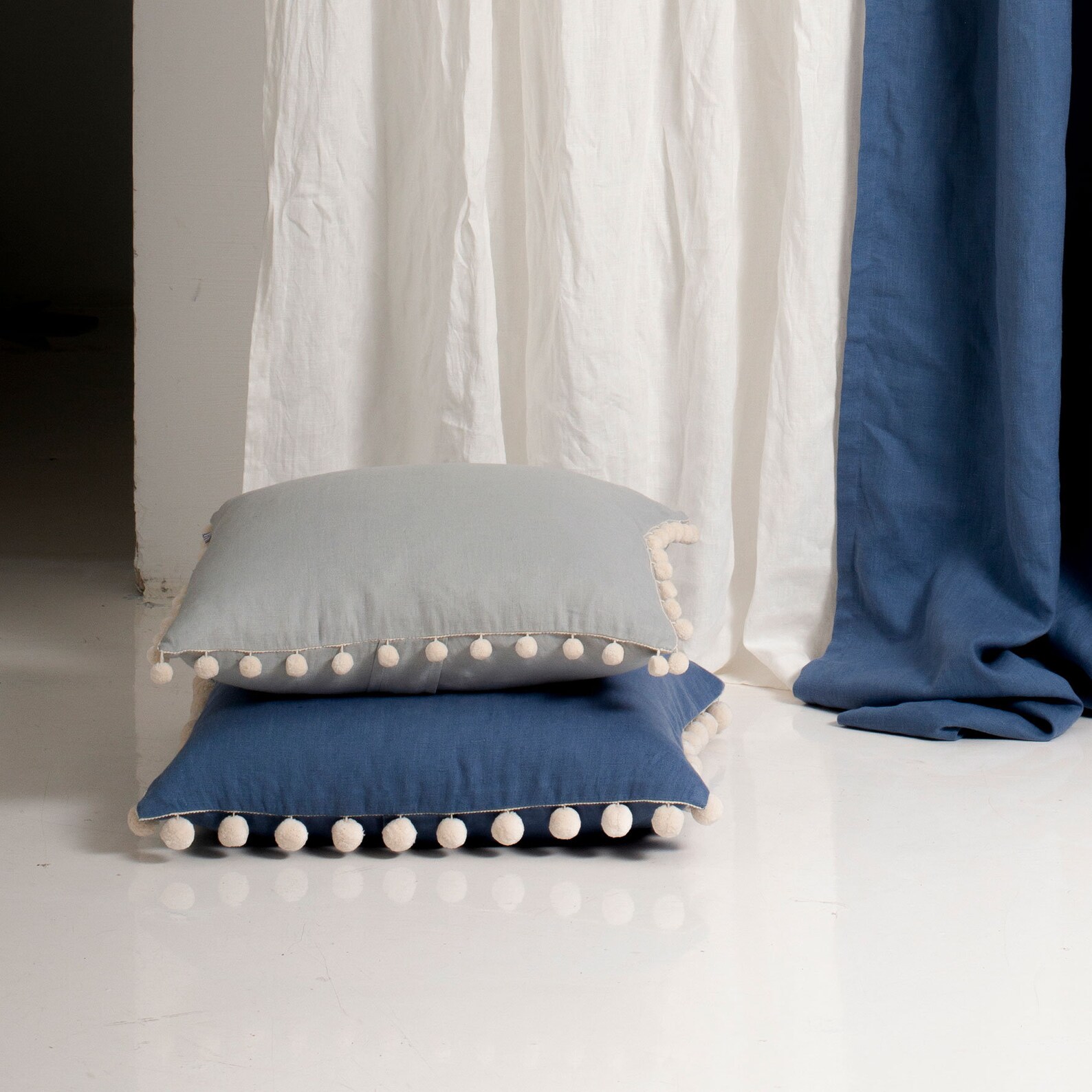 Pom pom pillow cover Linen decorative pillow with pom poms Etsy