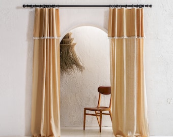 Sheer linen curtains, Drop cloth curtains with tape for rings, 1 curtain panel, 8 colors, Curtains with valance, Curtains with tassels