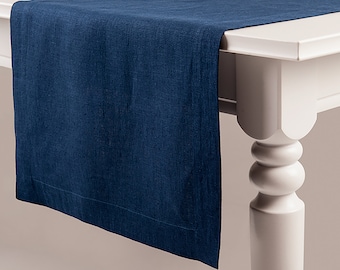 Indigo linen table runner with deep hems, Fabric table runners blue, Natural table toppers, Blue linen tablerunners