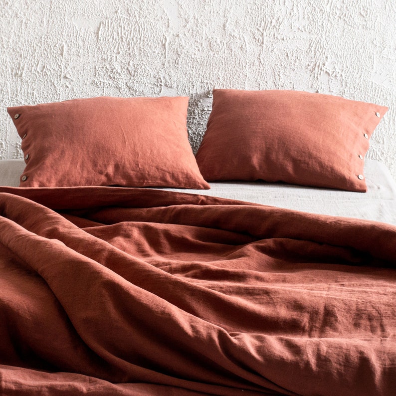 Linen pillowcase with buttons, Burnt orange linen pillowcases with coconut buttons closure, Burnt orange bedding, Includes 1 pillowcase image 3