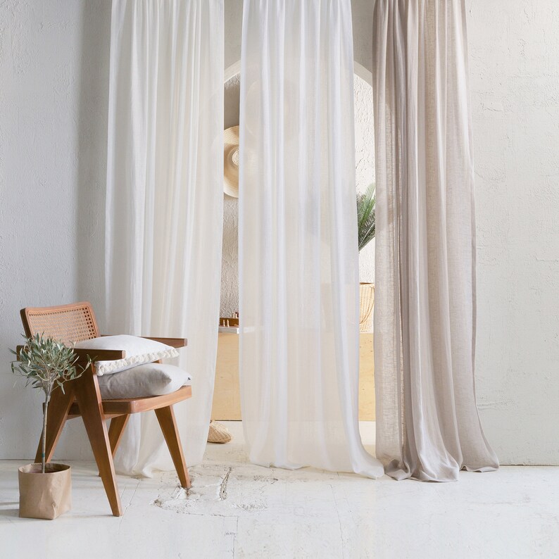 Linen window curtain panels, Sheer curtains for living room or bedroom, Lightweight natural linen drapes with pleated heading tape and hooks image 10
