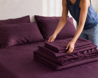 Deep Burgundy Linen Sheet Set, European Linen Sheets with Pillowcases, Custom Colors and Sizes